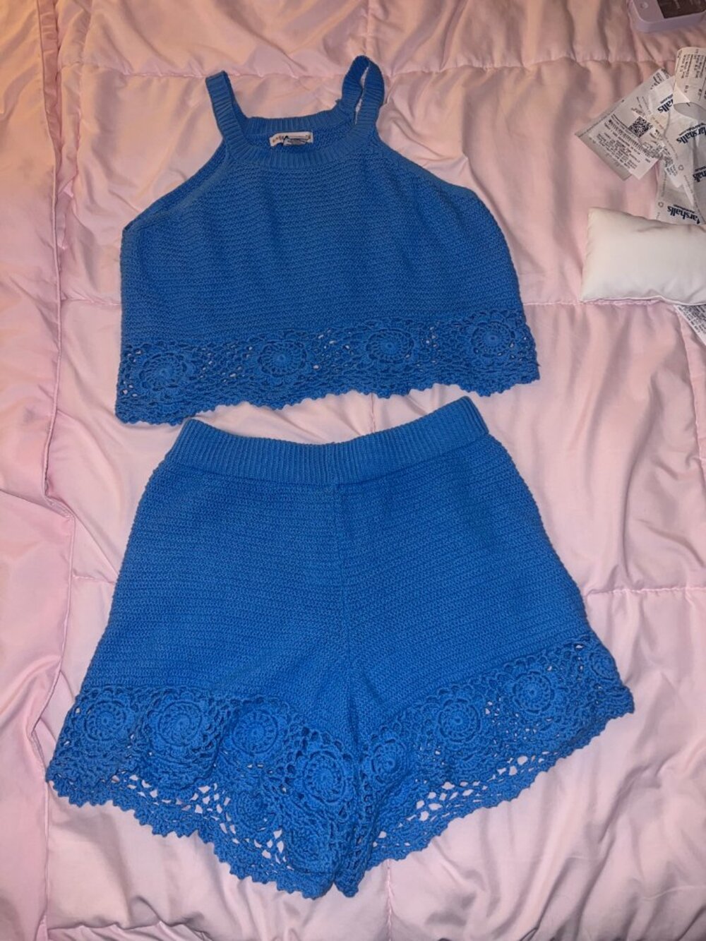 Sincerely Jules Blue Crochet Two Piece Set | Crop Top & Shorts | Medium